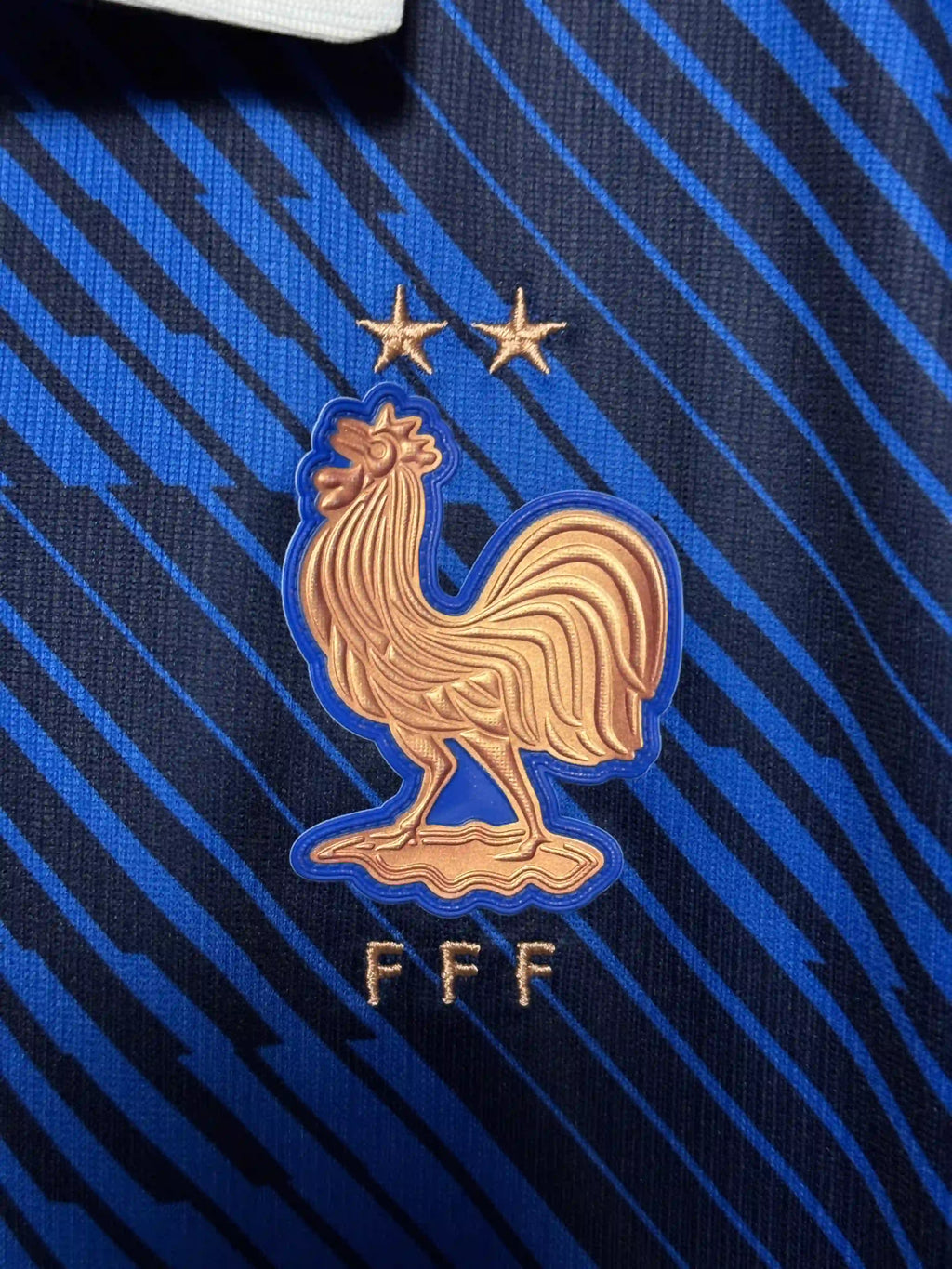 Close-up of a blue sports jersey with a rooster emblem and 'FFF' text.