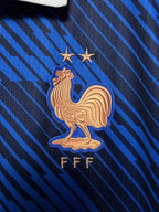 Close-up of a blue sports jersey with a rooster emblem and 'FFF' text.