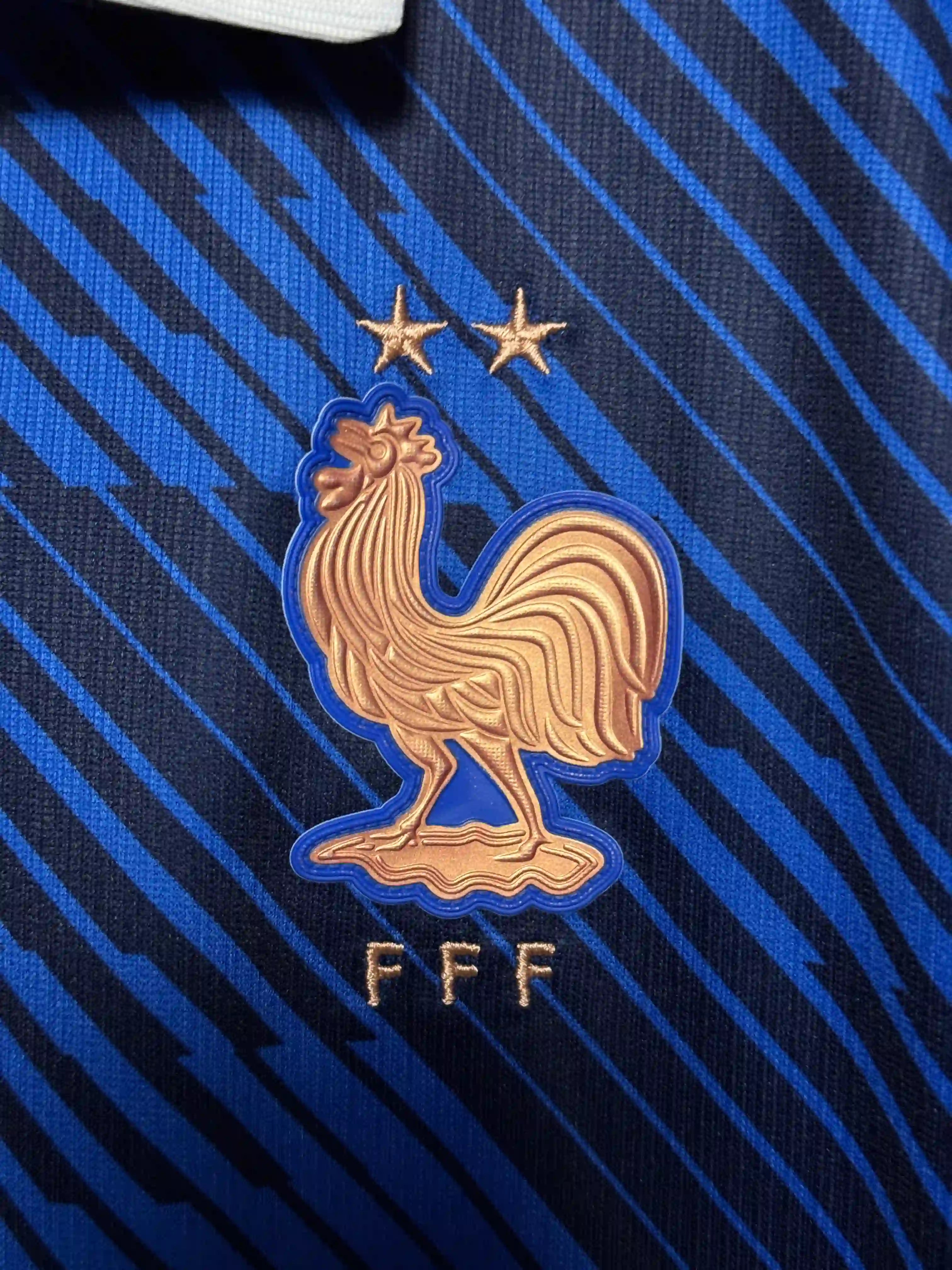 Close-up of a blue sports jersey with a rooster emblem and 'FFF' text.