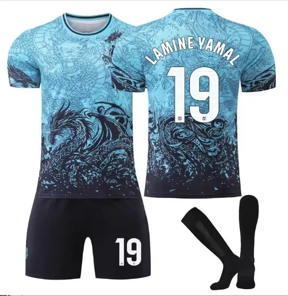 Soccer jersey, shorts, and socks with 'Lamine Yamal' and number '19' on a white background