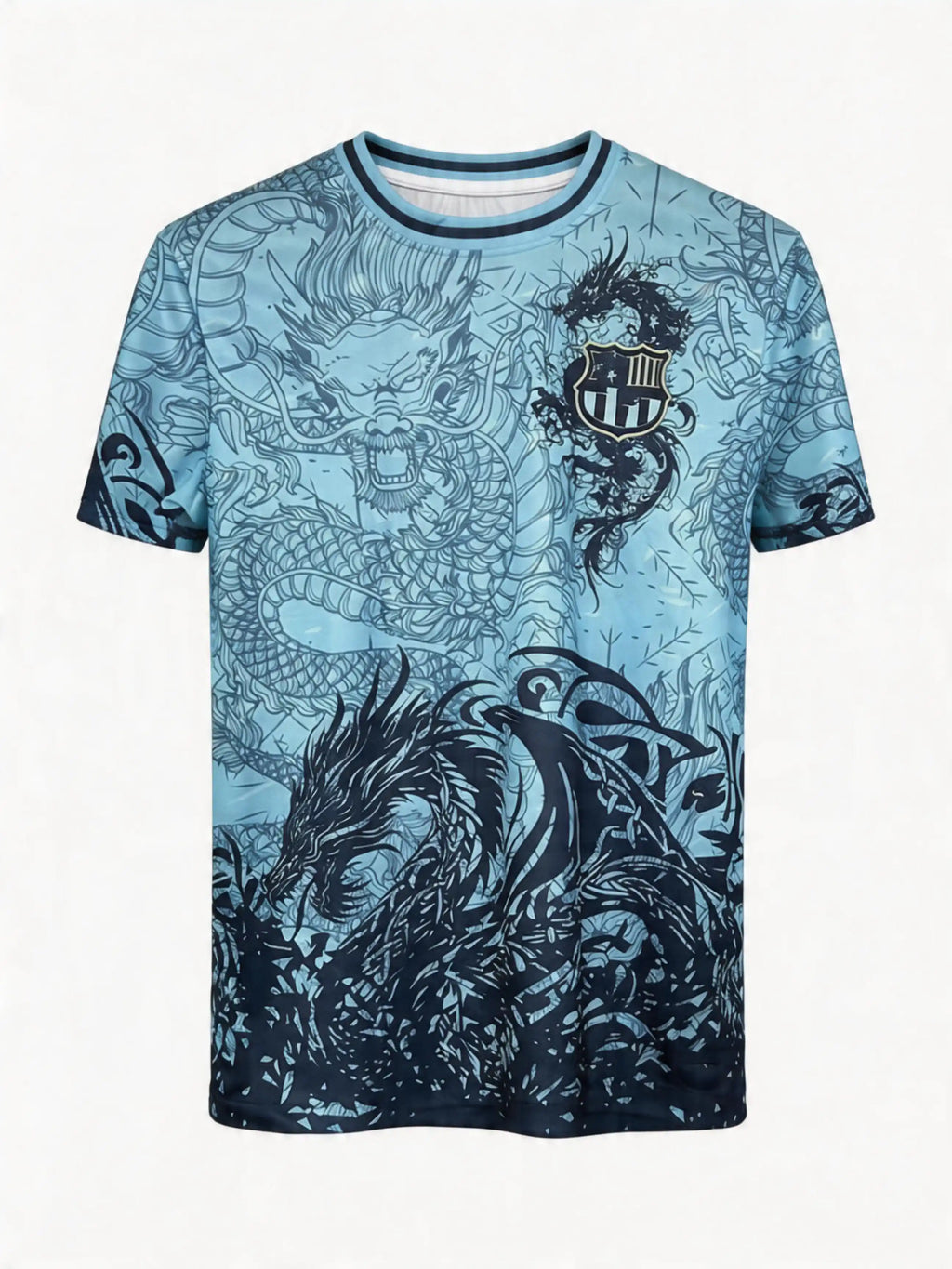 Blue t-shirt with dragon design on a white background
