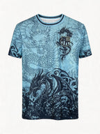 Blue t-shirt with dragon design on a white background