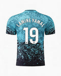 Soccer jersey with 'Lamine Yamal' and number '19' on a blue and black patterned background