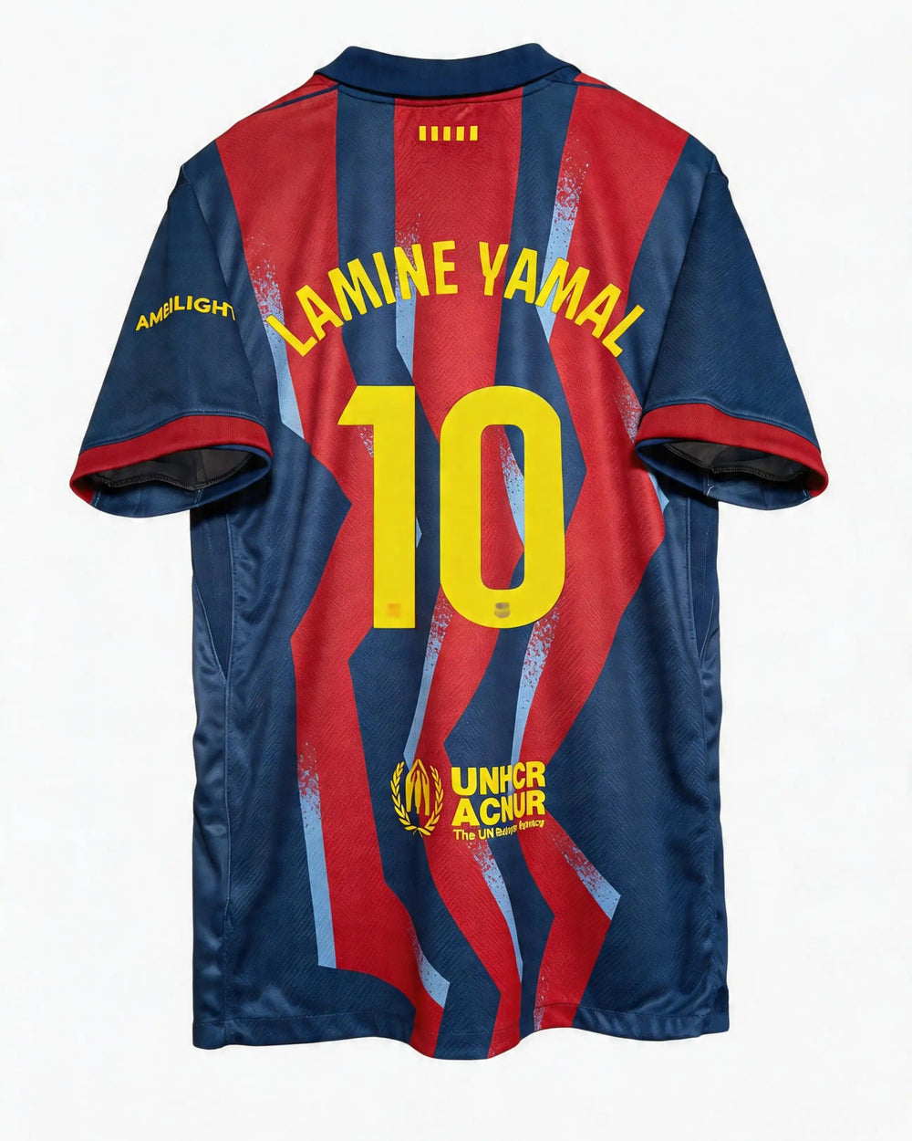 Red and blue sports jersey with 'Lamine Yamal' and number '10' on a white background