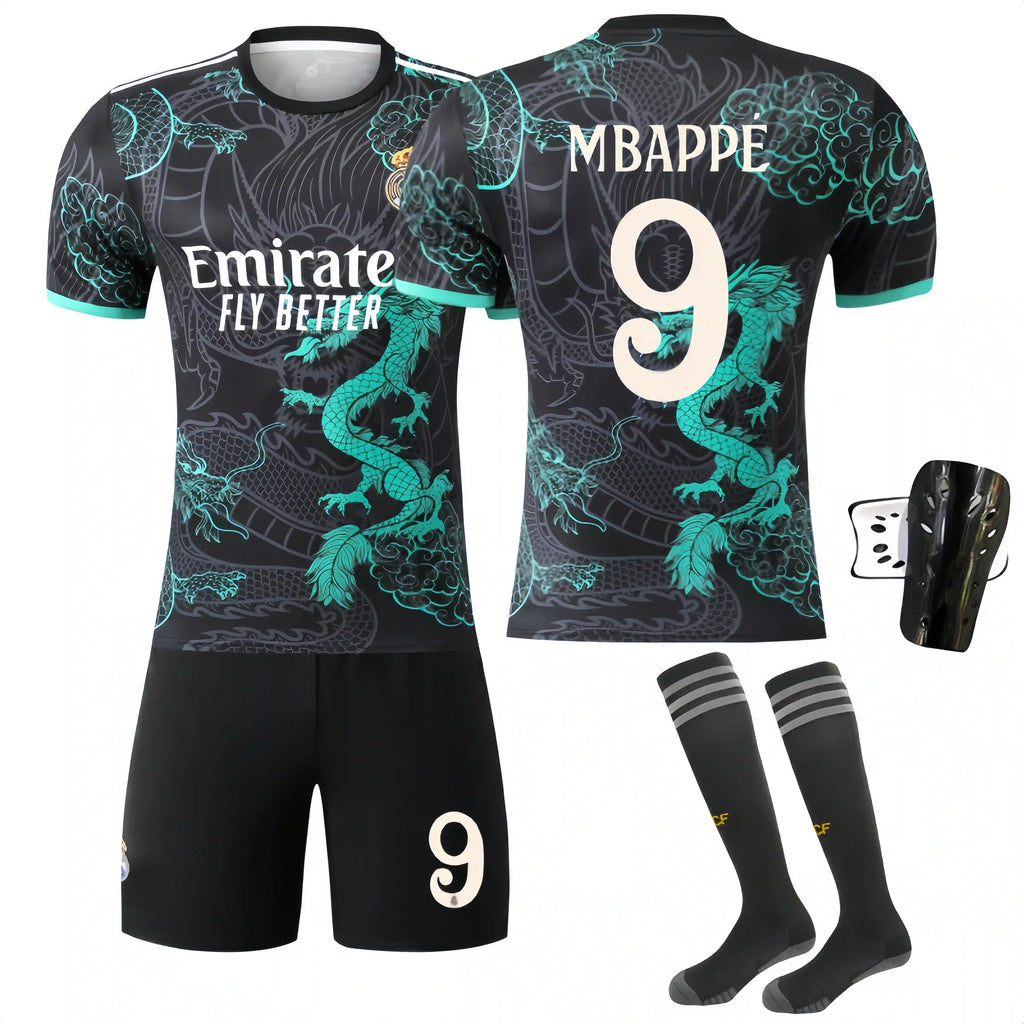 Sports jersey with dragon design, number 9, and 'Emirates' branding on a white background.