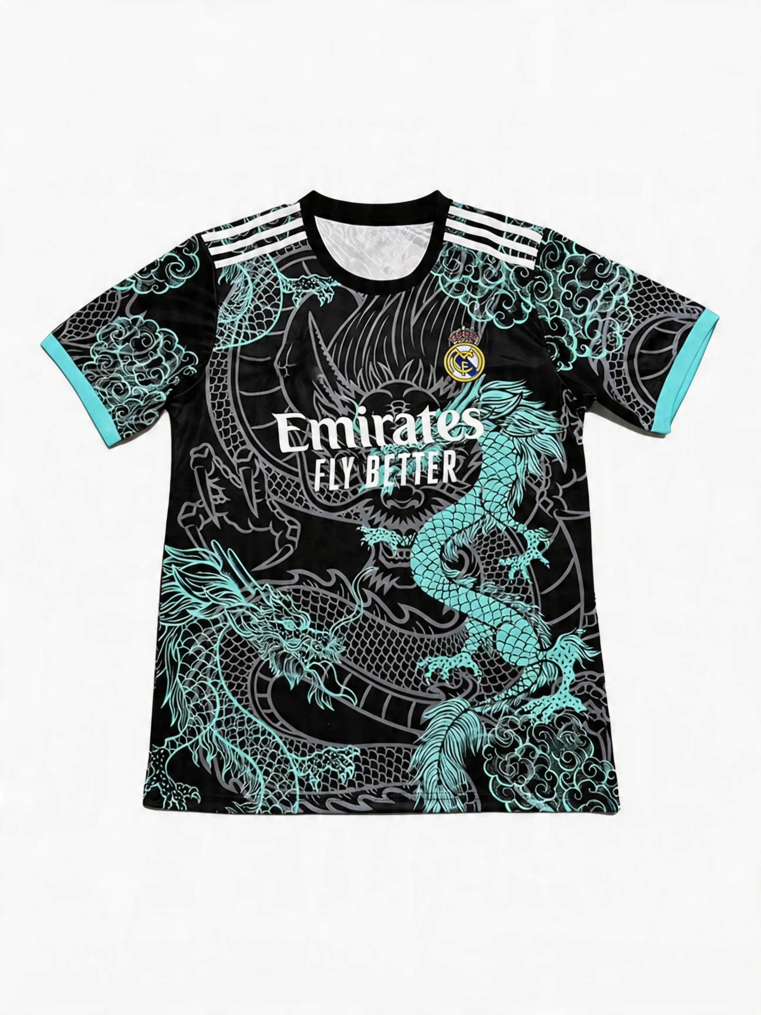 Black sports jersey with teal dragon design and Emirates branding on a white background