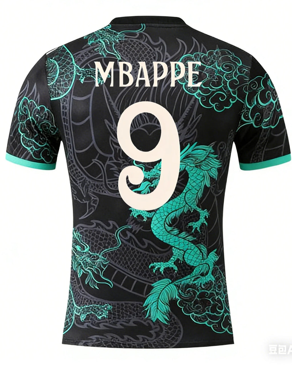 Black sports jersey with green dragon designs and 'MBAPPE 9' on a white background