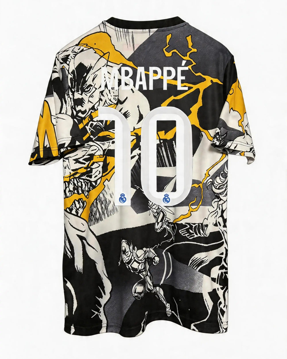 T-shirt with graphic design and text on a white background