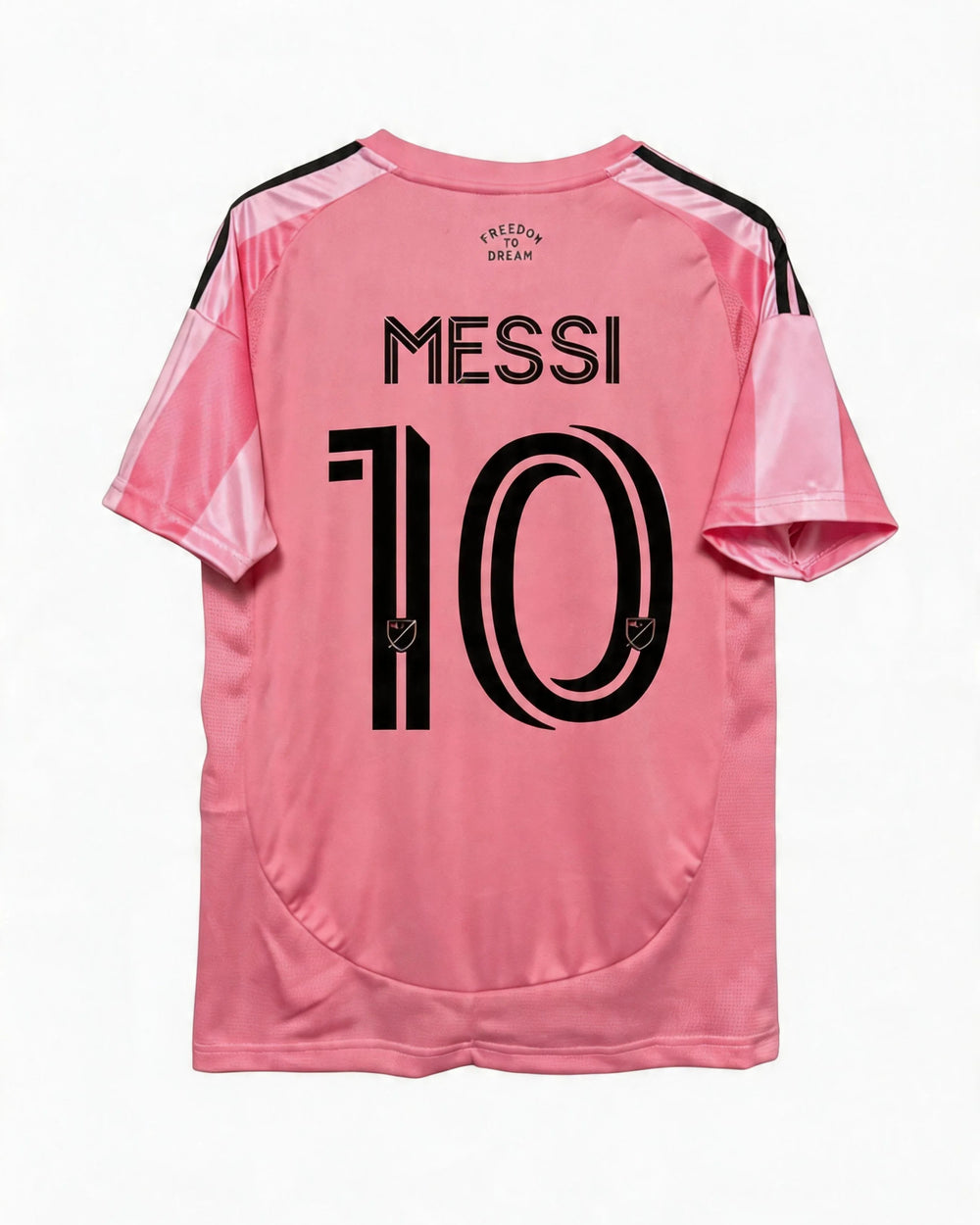 Pink soccer jersey with 'Messi 10' printed on a white background