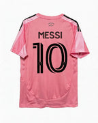 Pink soccer jersey with 'Messi 10' printed on a white background