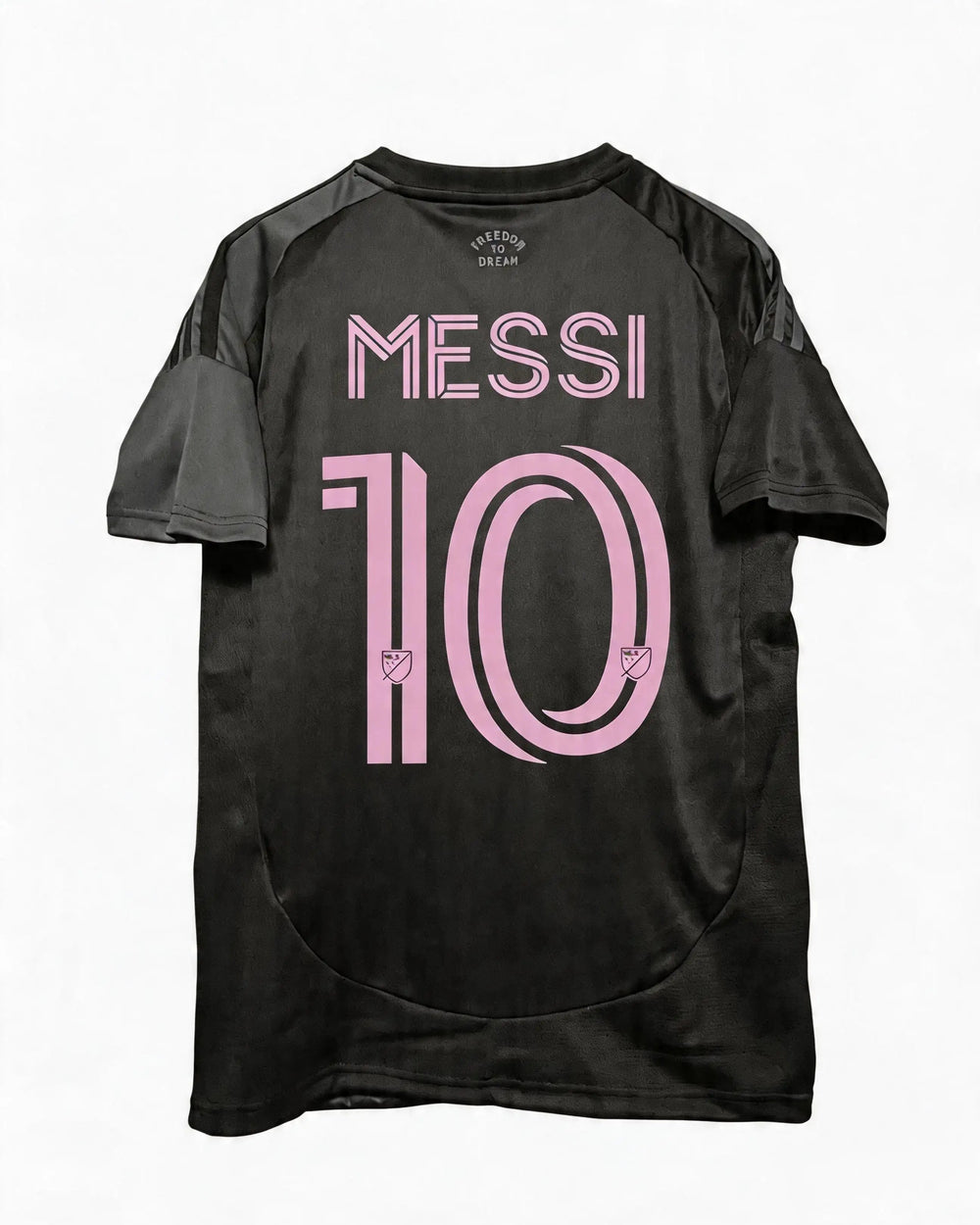 Black sports jersey with 'Messi 10' printed on the back against a white background