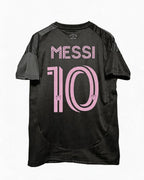 Black sports jersey with 'Messi 10' printed on the back against a white background