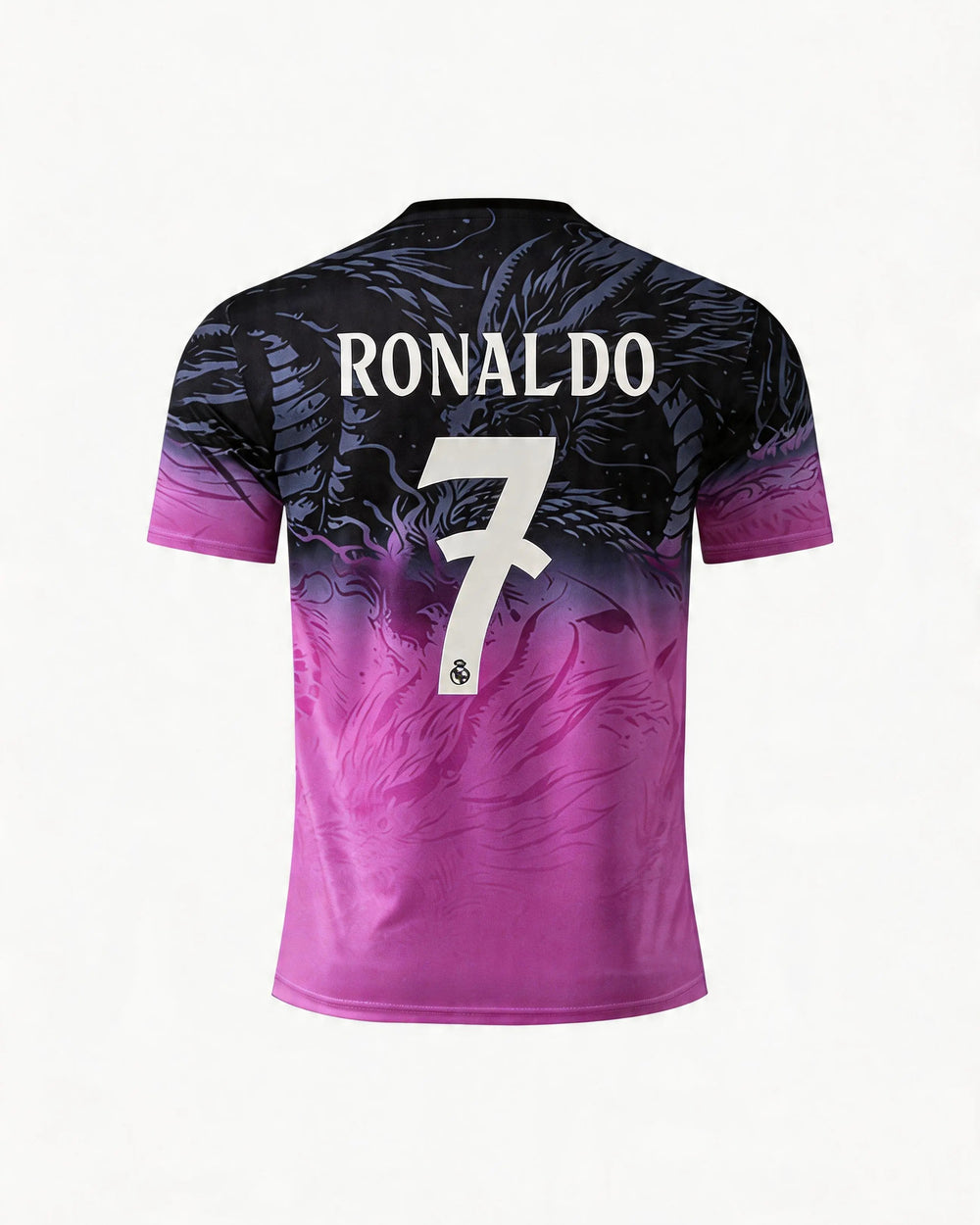 Soccer jersey with 'Ronaldo' and number '7' on a black and pink gradient background