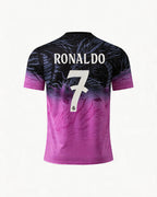 Soccer jersey with 'Ronaldo' and number '7' on a black and pink gradient background