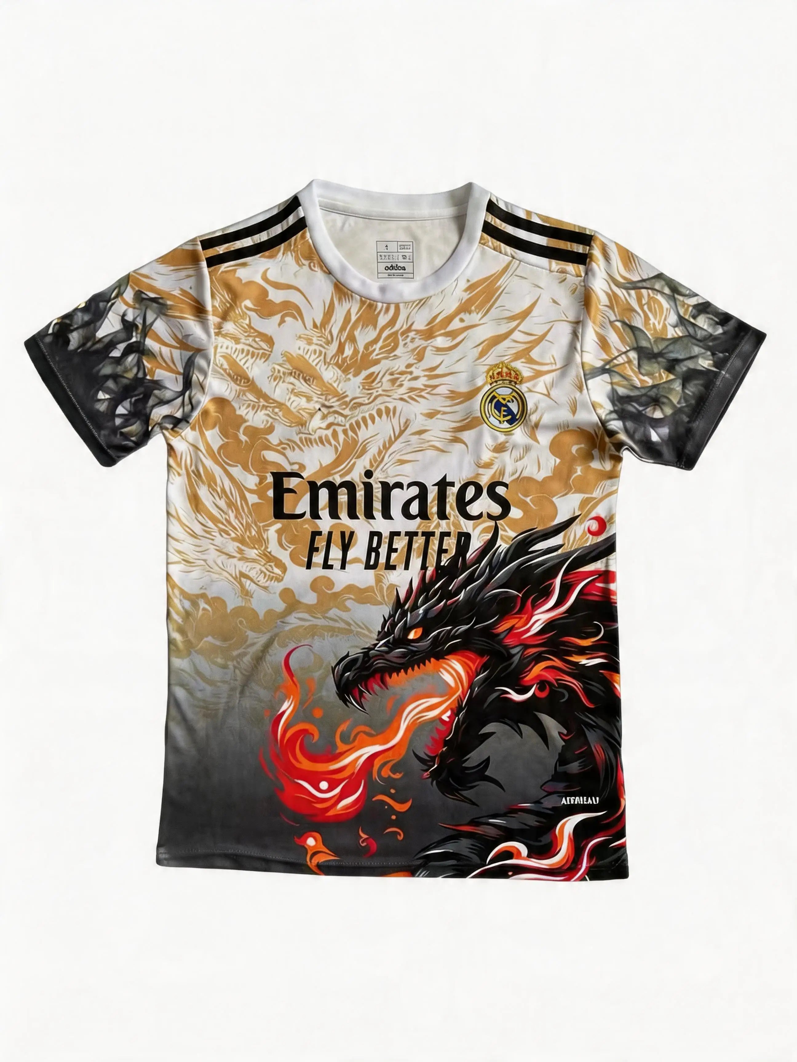 T-shirt with dragon design and Emirates logo on a white background