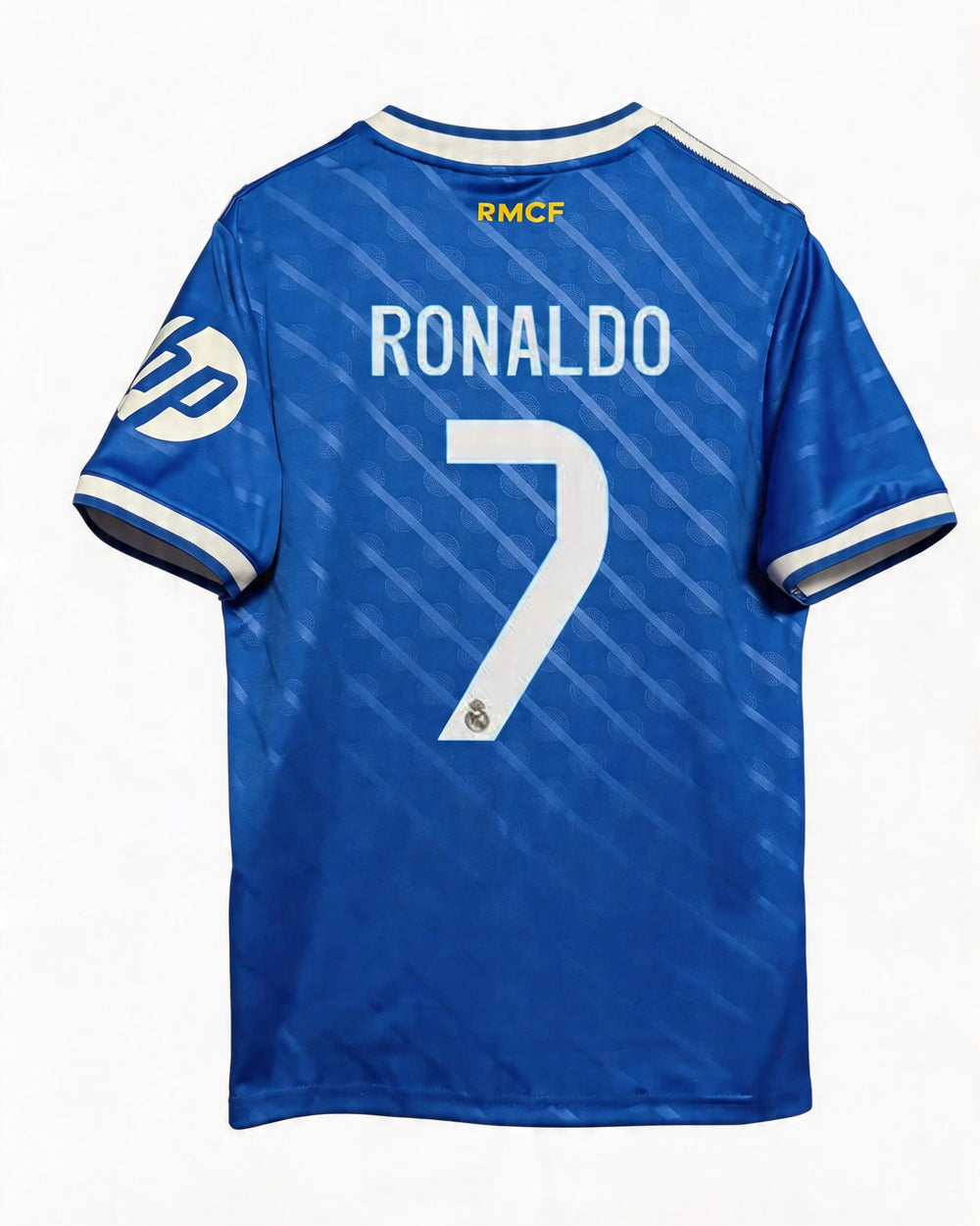 Blue sports jersey with 'RONALDO 7' printed on the back, featuring a logo on the chest.