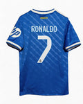Blue sports jersey with 'RONALDO 7' printed on the back, featuring a logo on the chest.