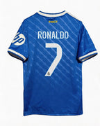 Blue sports jersey with 'RONALDO 7' printed on the back, featuring a logo on the chest.