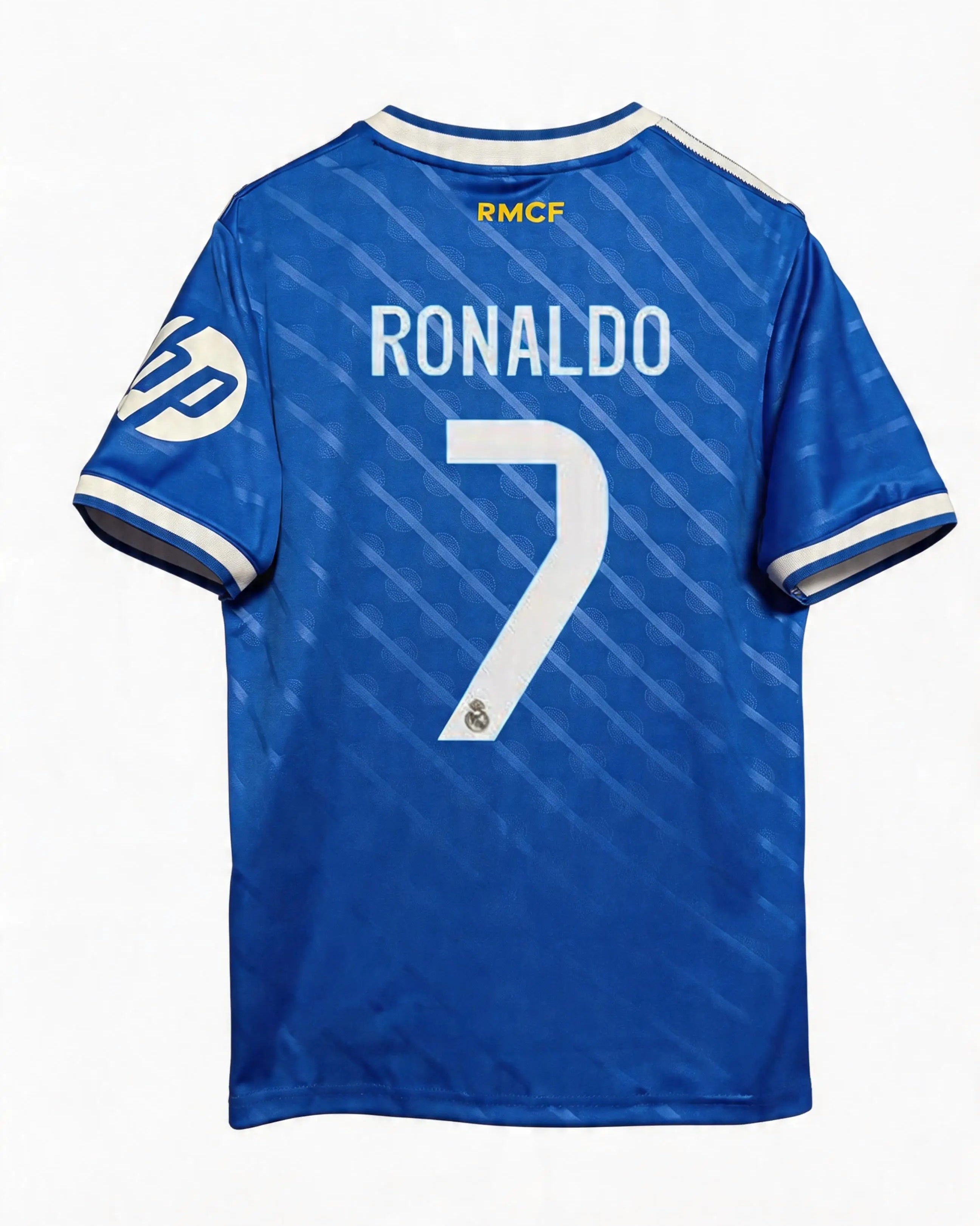Blue sports jersey with 'RONALDO 7' printed on the back, featuring a logo on the chest.