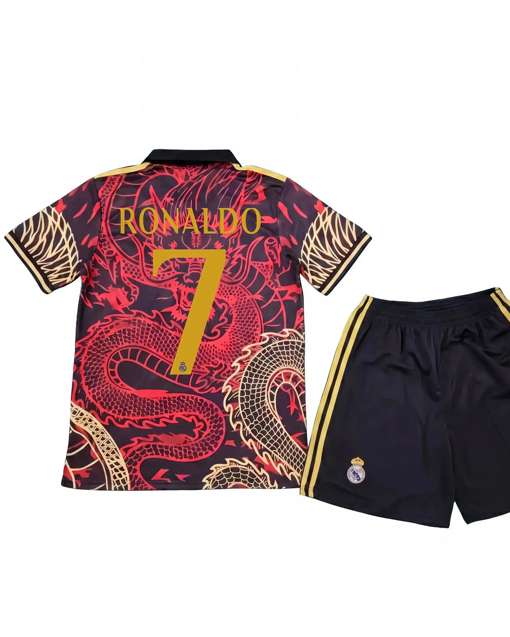 Soccer jersey with dragon design and 'Ronaldo' on a white background
