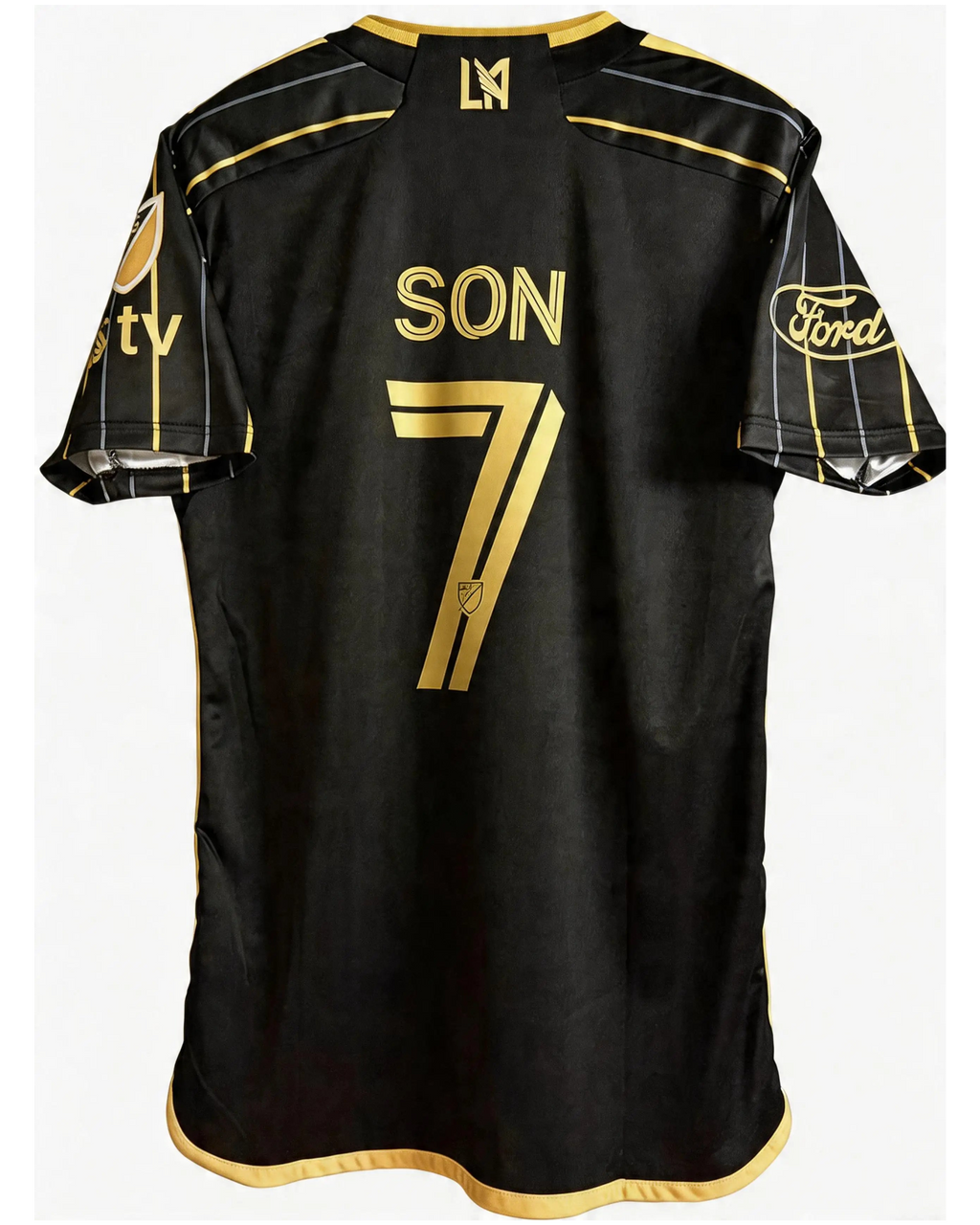 Black sports jersey with gold lettering and logos on a white background
