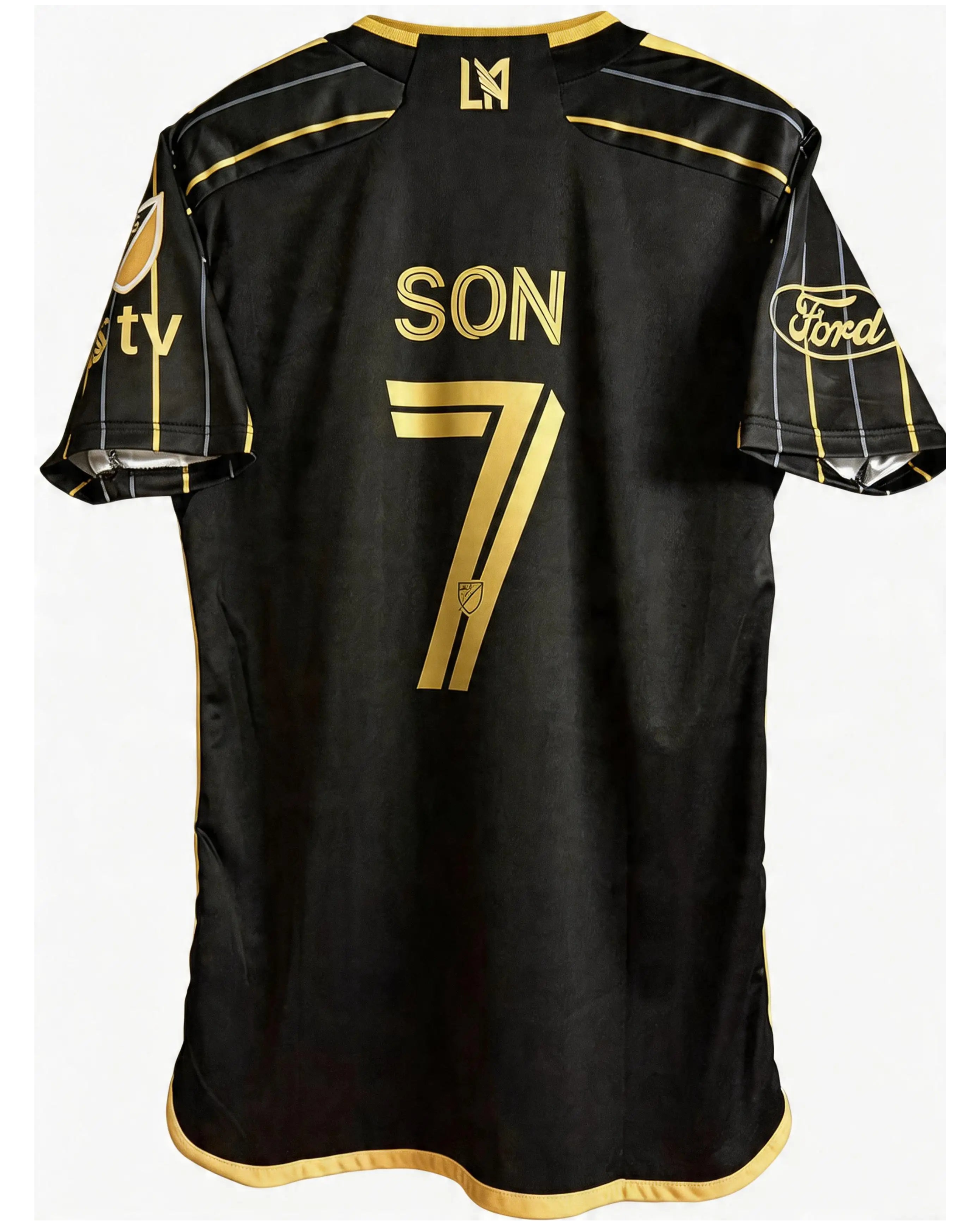 Black sports jersey with gold lettering and logos on a white background